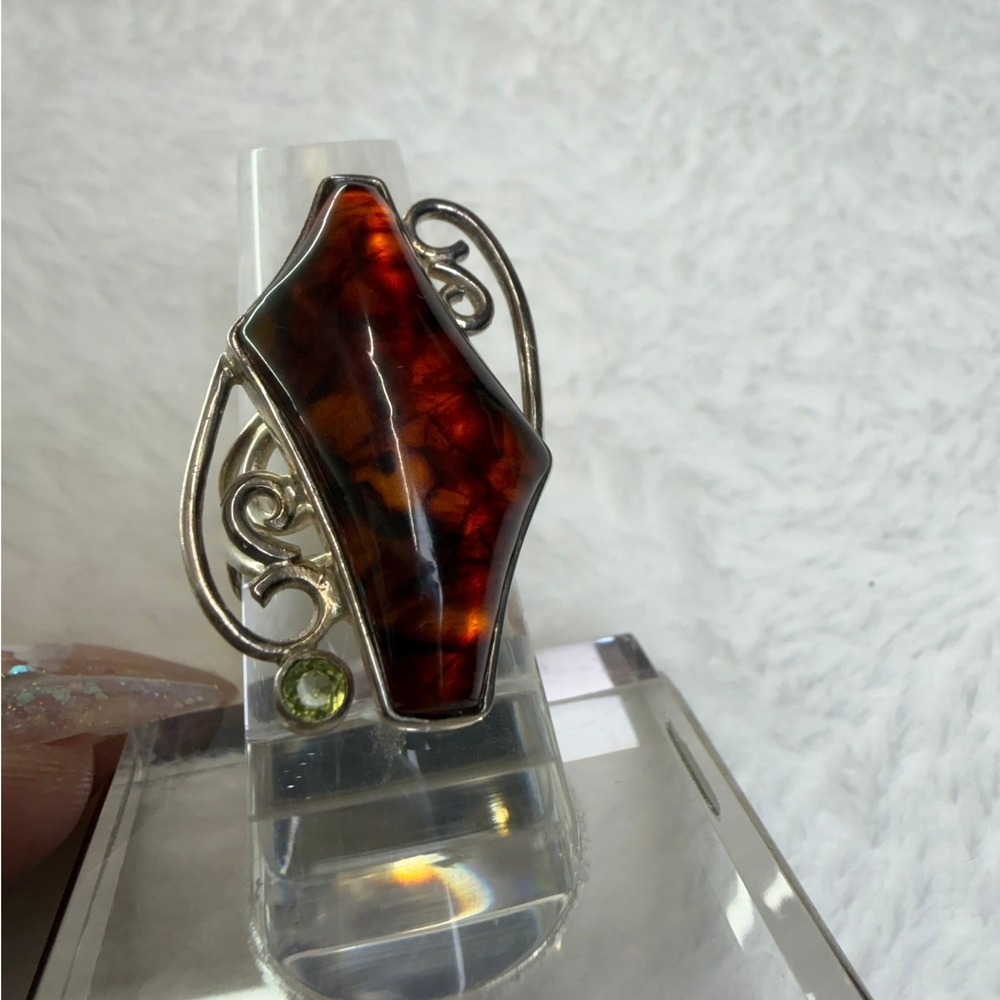 DRT‎ 925 Sterling Silver Amber and Peridot Shield Statement Ring Size 5.75 - Picture 7 of 14